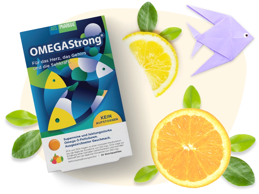 OmegaStrong škatlica skupaj z origami ribico, pomarančo in limono